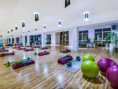 Gran sala de fitness con esterillas, pelotas y pesas de colores sobre suelo de madera.