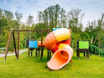 Bunter Kinderspielplatz mit Rutsche und Schaukeln auf grünem Gras vor Bäumen.