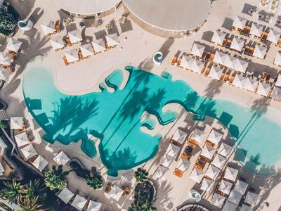 Vue aérienne d'une grande piscine de style tropical avec chaises longues et zones ombragées.