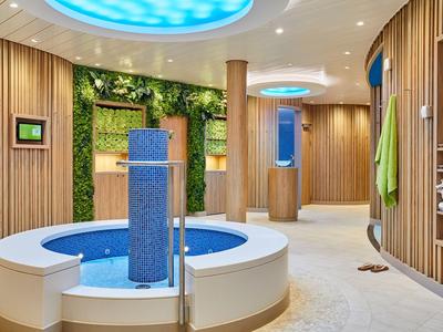 Moderní spa s malým vířivým bazénem, dřevěnými obklady a zelenými prvky.