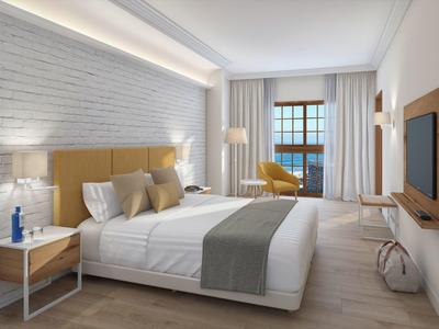 Habitación de hotel luminosa con cama grande, ventana con cortinas y televisor en la pared.