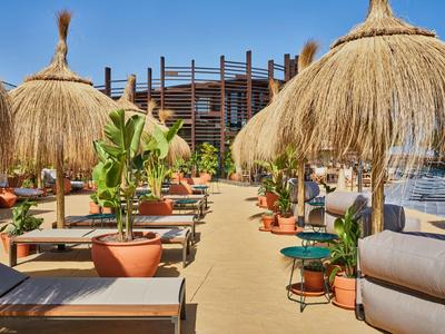 Salon extérieur en bord de mer avec parasols en paille, transats et plantes tropicales le long d'un chemin de sable.