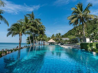 Infinity-Pool mit Blick auf das Meer, umgeben von Palmen und klar blauem Himmel.