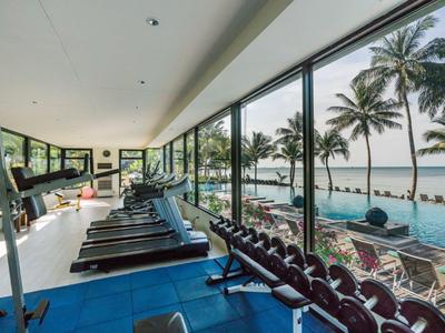 Fitnessraum mit Ausblick auf Pool und Palmen vor dem Fenster