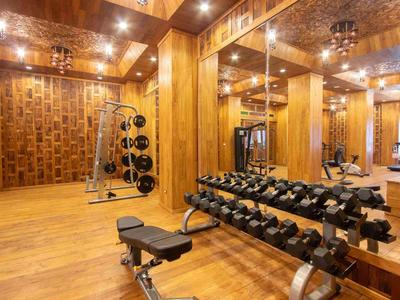 Modern gym with wooden paneling, mirrored walls, and weights in a hotel.