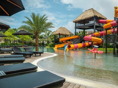Hotelpool mit Wasserrutschen, Liegestühlen und Palmen unter blauem Himmel.