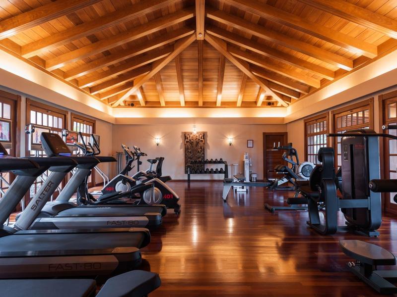 Palestra luminosa con soffitto in legno, tapis roulant e attrezzi su pavimento in legno.