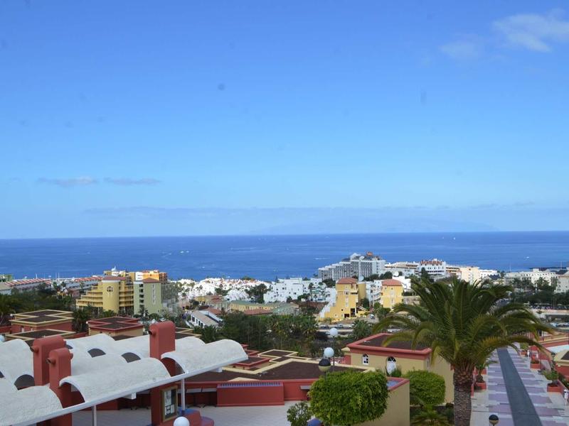 View of a coastal resort with white buildings, palm trees, and blue sea in the background.