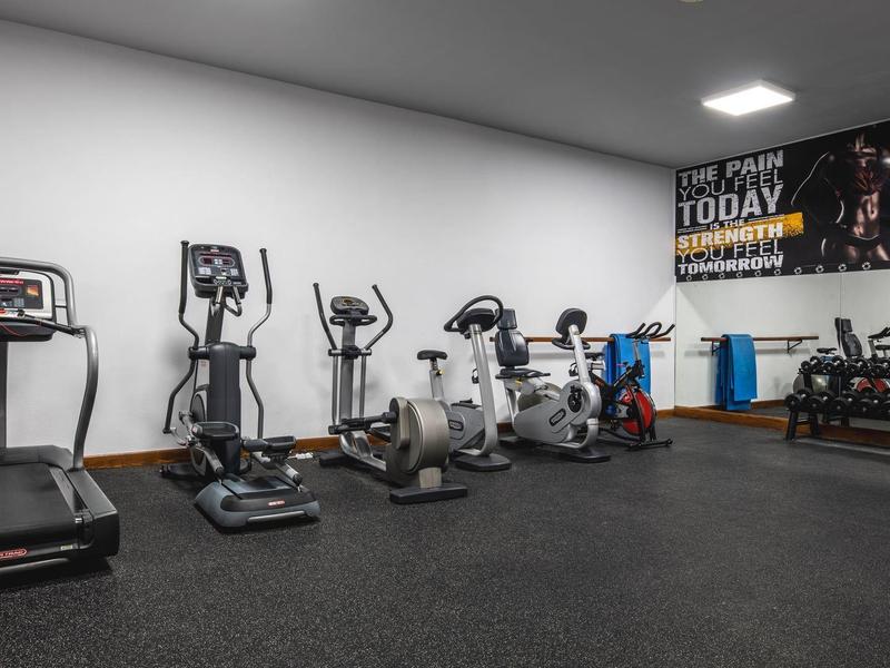 Equipos de gimnasio modernos en una sala bien iluminada con alfombra y pared de espejos.