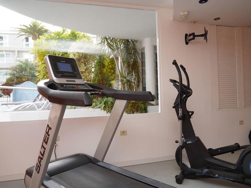 View of treadmill and elliptical trainer in front of large window overlooking outdoor pool and palm trees.
