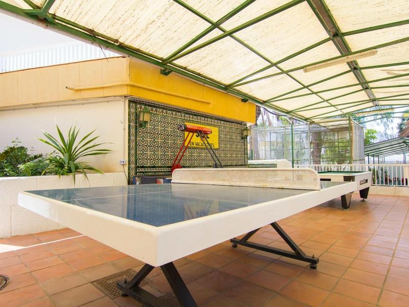 Grande table de ping-pong sous un espace couvert avec des plantes et un mur en pierre.