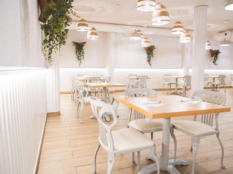 Café lumineux et moderne avec chaises blanches, tables en bois et plantes suspendues.