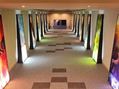 Un corridoio d'hotel elegantemente illuminato con disegni floreali colorati sulle pareti e moquette.