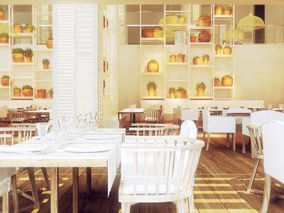 Helles Restaurant mit weißen Tischen und Stühlen sowie Regalen mit Dekoration.