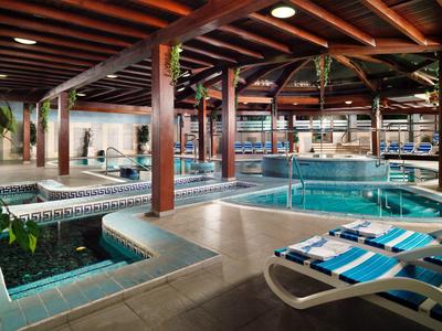 Espace piscine intérieur d'hôtel avec poutres en bois, chaises longues et plantes vertes.