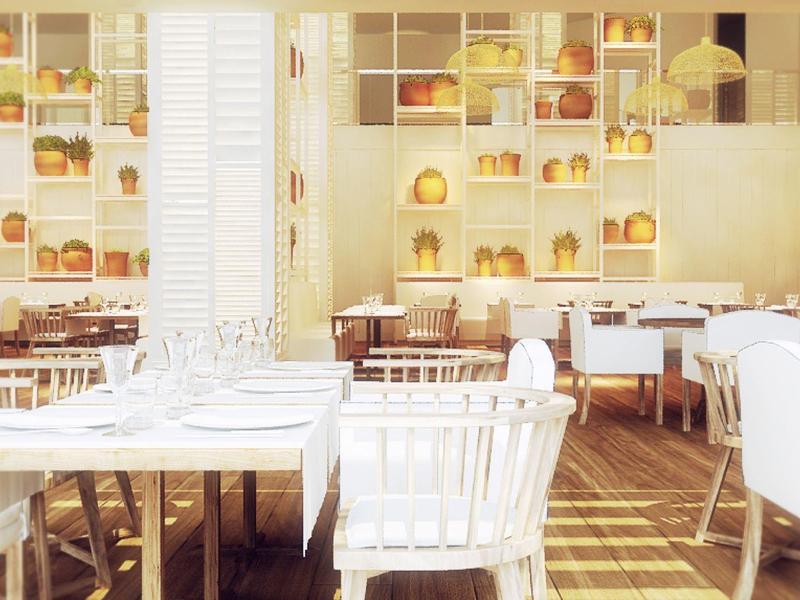 Salle à manger d'hôtel lumineuse avec chaises blanches, tables en bois et étagères décorées.