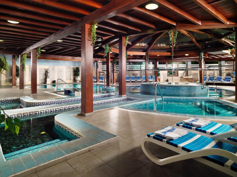 Espace piscine intérieur d'hôtel avec poutres en bois, chaises longues et plantes vertes.