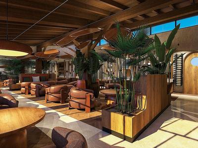 Jasna lobby hotelowa z drewnianymi akcentami, wygodnymi fotelami i dużymi roślinami w nowoczesnych wazonach.