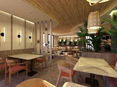 Nowoczesne wnętrze restauracji z drewnianymi meblami, zielonymi roślinami i ciepłym oświetleniem sufitowym