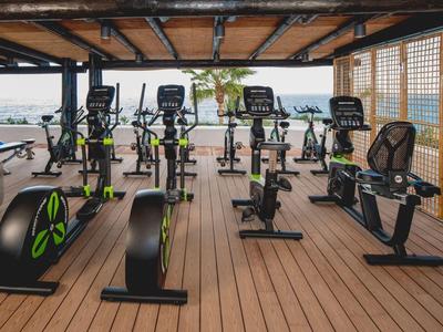 Fitness prostor s několika kardio stroji na dřevěné terase s výhledem na moře.