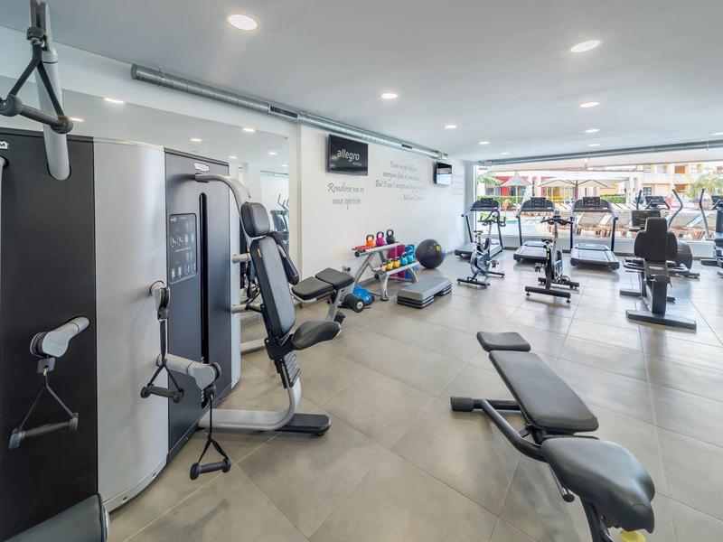 Nowoczesna siłownia z różnorodnym sprzętem i dużymi jasnymi oknami.