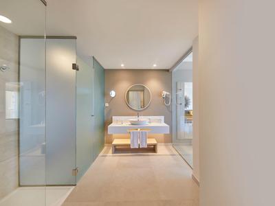 Moderní koupelna se dvěma umyvadly, velkým zrcadlem a skleněnou sprchou.