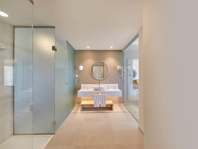 Moderní koupelna se dvěma umyvadly, velkým zrcadlem a skleněnou sprchou.