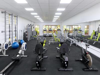 Salle de sport moderne avec rameurs et divers équipements d'entraînement dans un espace lumineux.