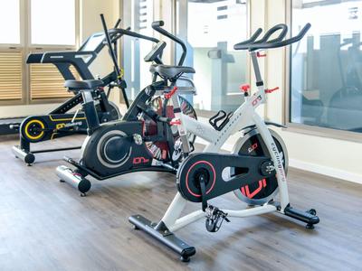 Trois vélos d'appartement modernes dans une pièce lumineuse avec de grandes fenêtres.