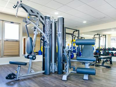 Salle de sport moderne avec machines de musculation et haltères dans une pièce lumineuse et propre.
