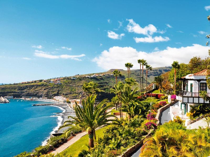 Widok na wybrzeże z palmami, domami i morzem pod jasnym niebem.