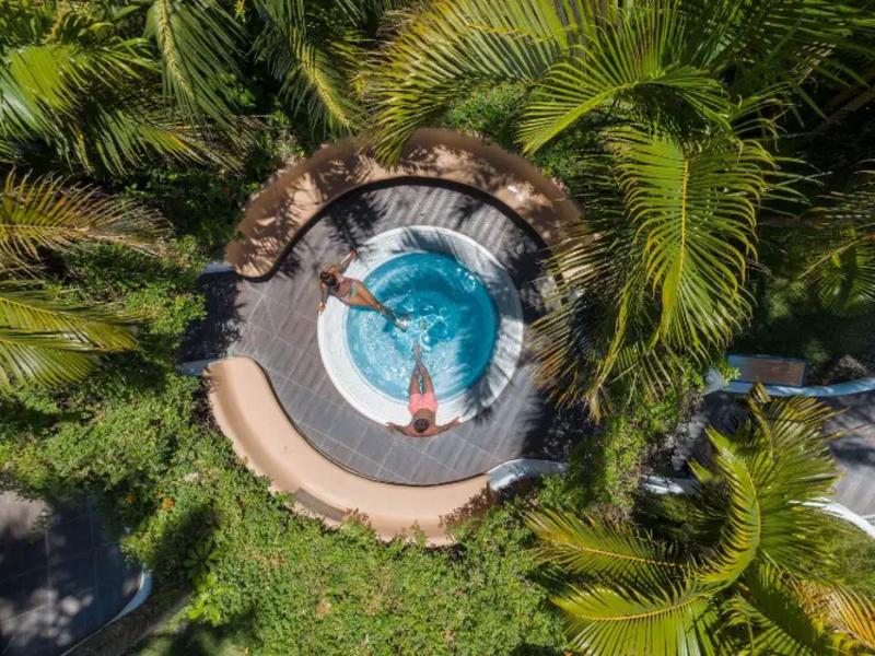 Okrągły basen z leżakami i palmami widziany z góry.