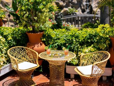 Dva proutěné křesla a stůl na terase s rostlinami v pozadí.