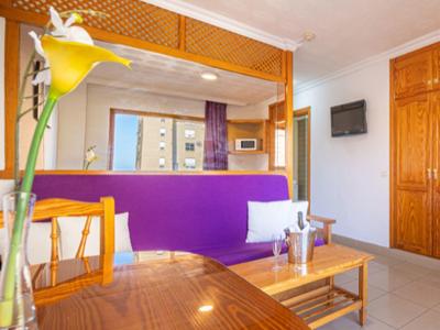 Salon lumineux avec canapé violet, meubles en bois et une grande fleur au premier plan.