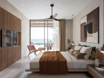 Nowoczesna sypialnia z dużymi oknami, drewnianymi meblami i widokiem na morze.