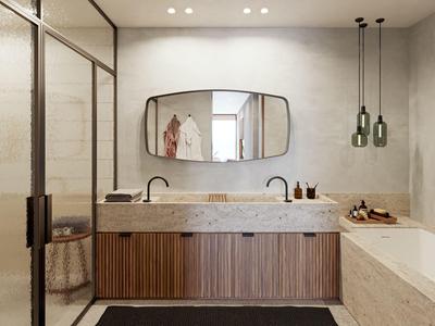 Nowoczesna łazienka z drewnianą szafką, podwójnymi umywalkami i wanną w neutralnych kolorach.