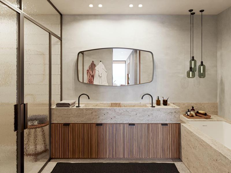 Nowoczesna łazienka z drewnianą szafką, podwójnymi umywalkami i wanną w neutralnych kolorach.