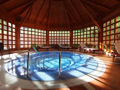 Ein rundes Hallenbad mit Holzverkleidung, großen Fenstern und blauem Wasser im Zentrum.