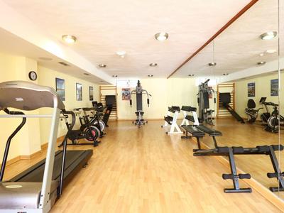 Helles Fitnessstudio mit Holzboden, Laufband, Fahrrädern, Hanteln und großen Spiegelwänden.