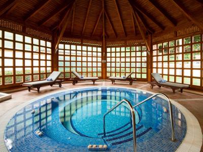 Round indoor pool in wooden pavilion with lounge chairs and large windows.