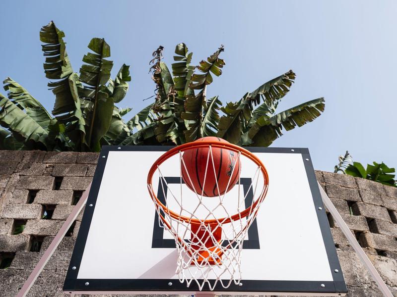 Pohled nahoru na basketbalový koš před zdí s banánovníky za ní.