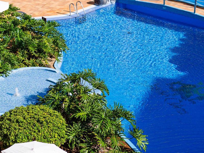 Gran piscina con agua azul clara y plantas verdes en el borde de un hotel.