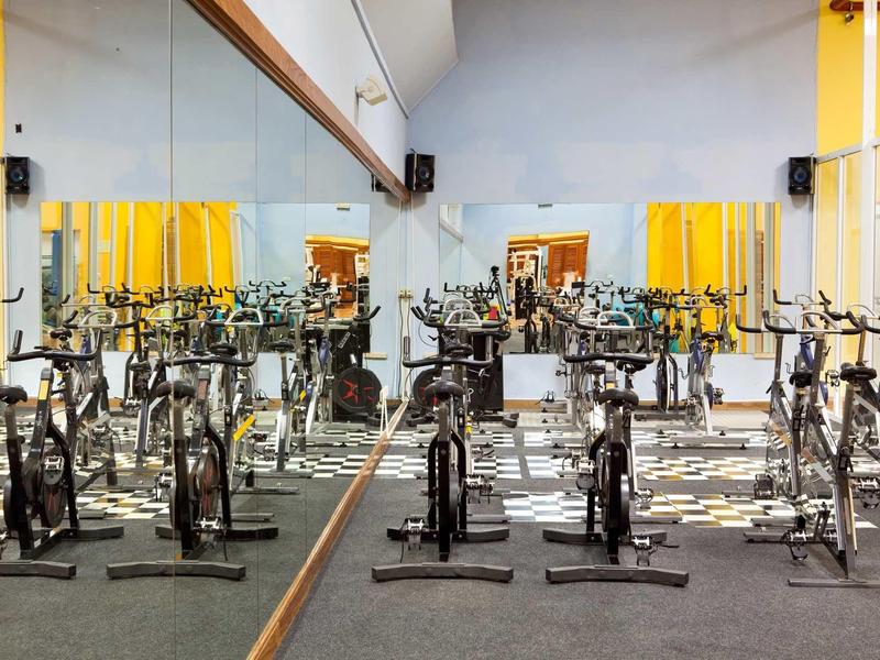 Mehrere schwarze Spinning-Bikes stehen in einem hellen, spiegelnden Fitnessraum mit gelben Pilastern.