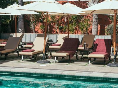 Kilka wyściełanych leżaków i parasoli obok basenu na tarasie z roślinami