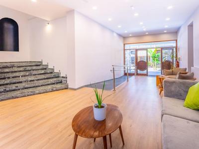 Bright reception area with sofa, green cushion, and wooden table with plant