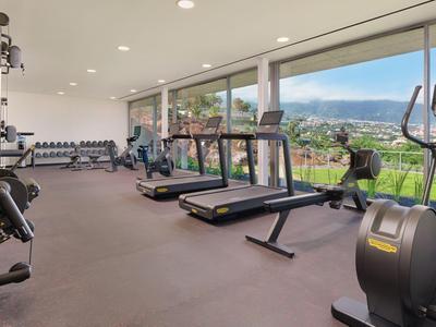 Moderne fitnessruimte met uitzicht op bergen en vallei, uitgerust met loopbanden en crosstrainers.