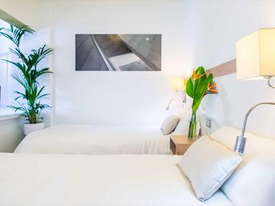 Jasna sypialnia z dwoma łóżkami pojedynczymi, roślinami i nowoczesną dekoracją ścian.