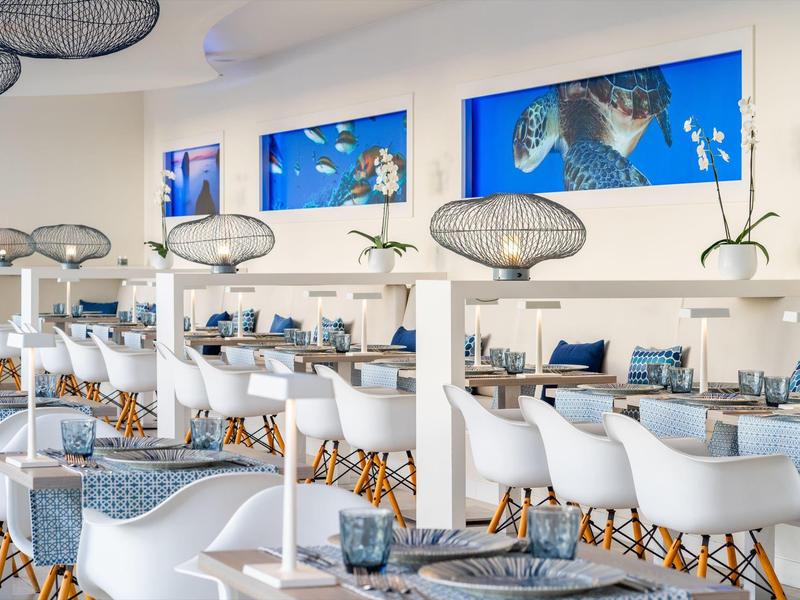 Helles, modernes Restaurant mit weißen Stühlen, Holztischen und großen Ozeanbildern an der Wand.