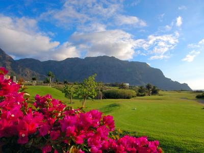 Green golf course with vibrant pink flowers in the foreground against mountains and blue sky.