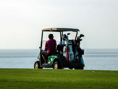 Two people riding a golf cart on grass with the sea in the background.